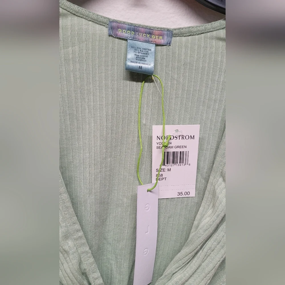 From Nordstrom Ribbed Twist Knot V-Neck Long Sleeve Womens Crop Top M Green - Picture 4 of 5